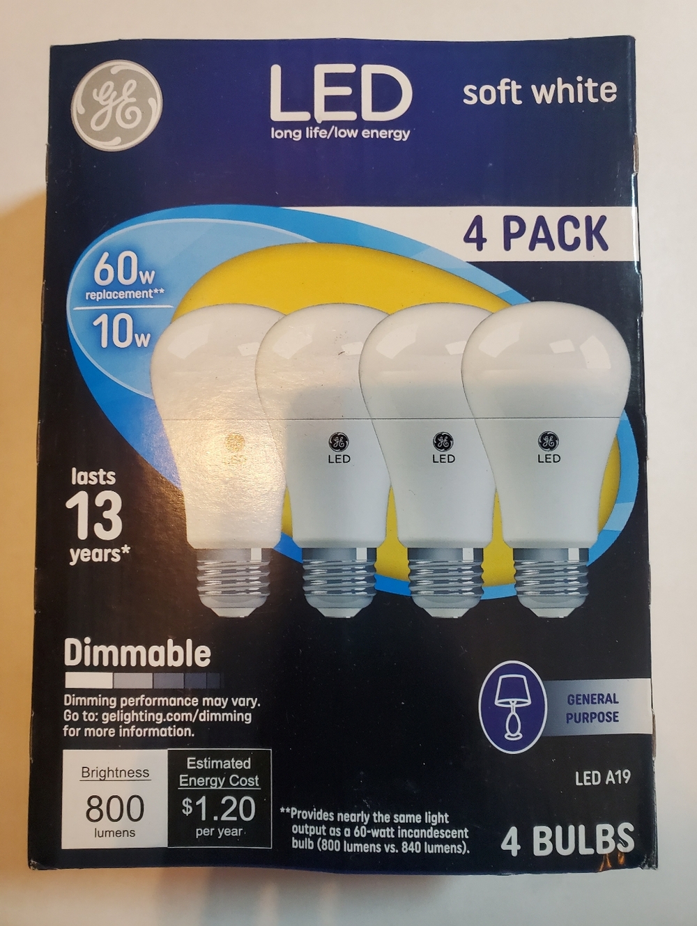 GE LED Soft White A19 4-Pack Bulbs Dimmable